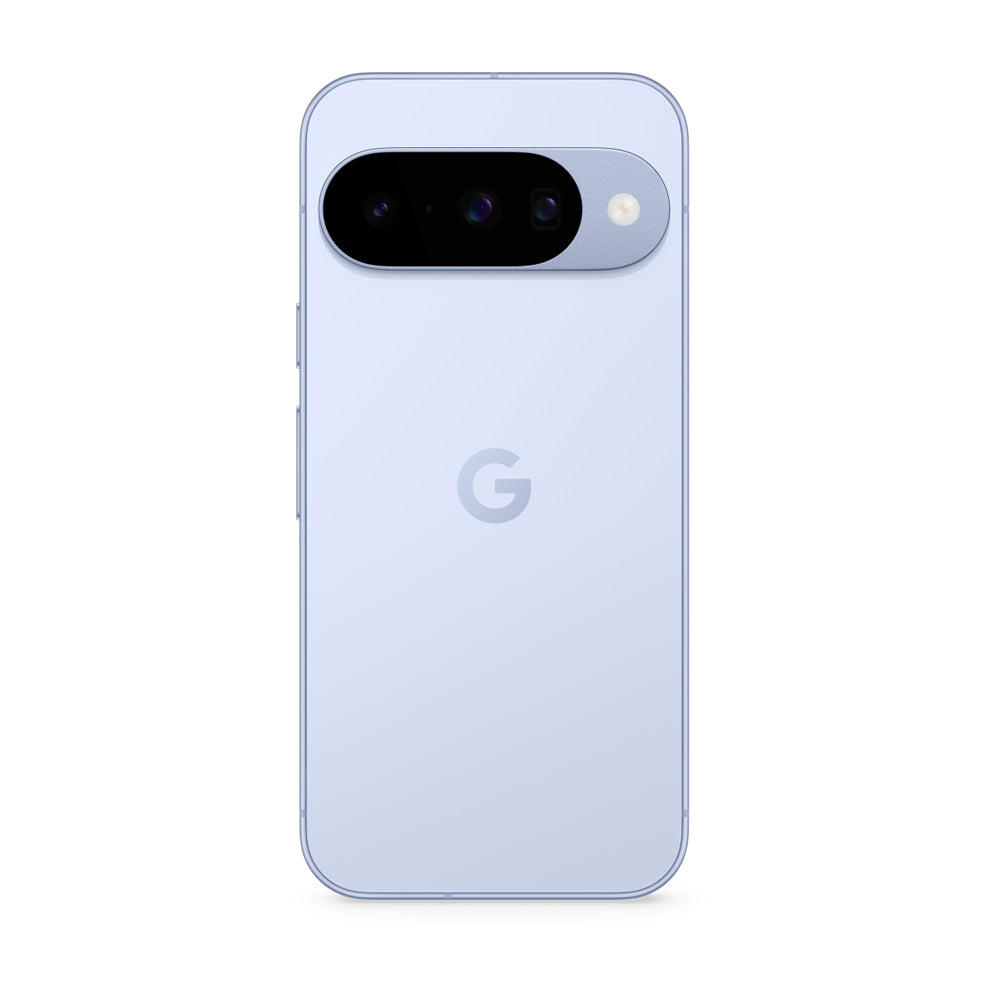 Back view of a smartphone with Google logo on a white background - Pixel 10 Frost
